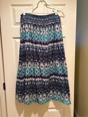 Cato Blue Teal Geometric Smocked-Waist Maxi Skirt